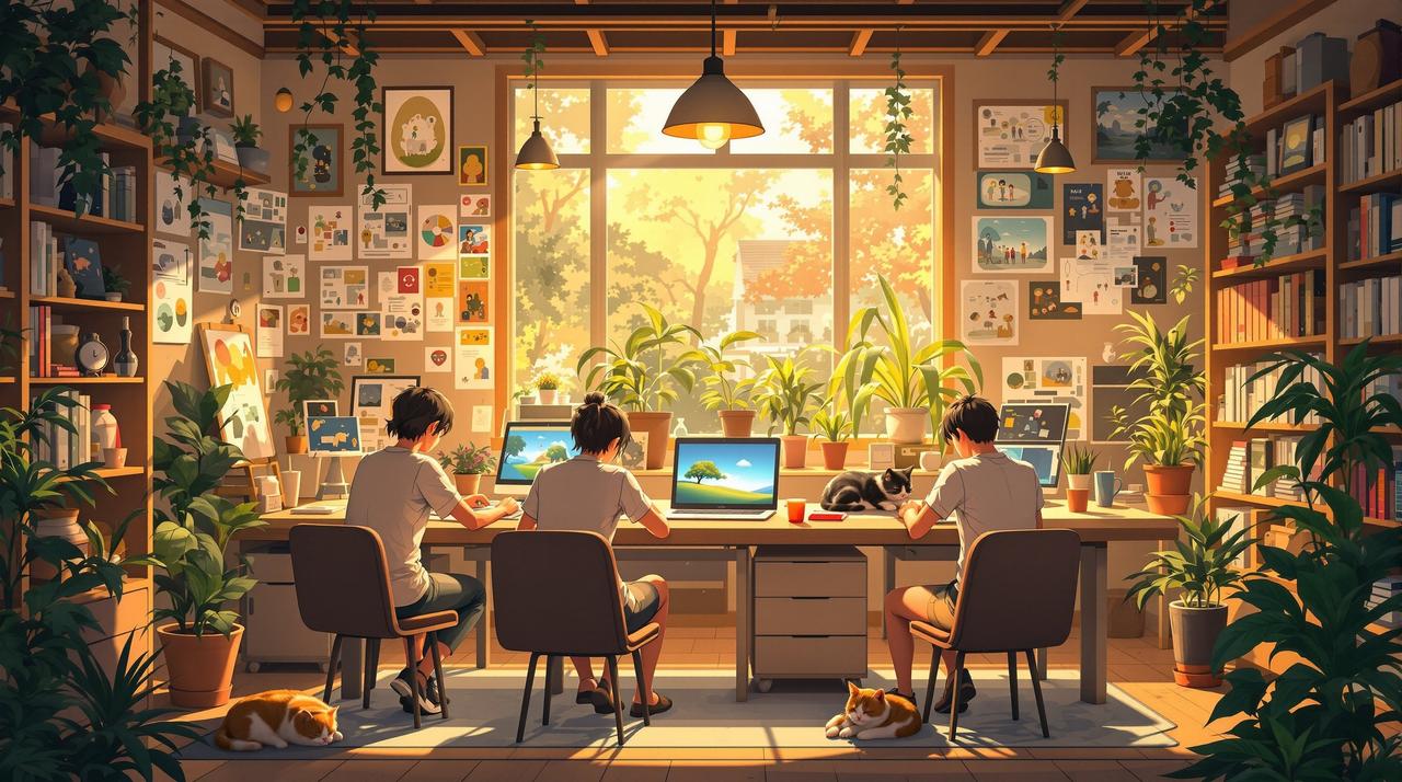 动漫网站品牌故事 动漫网站团队在温暖的工作室中共同创作,用热爱传递每一帧感动